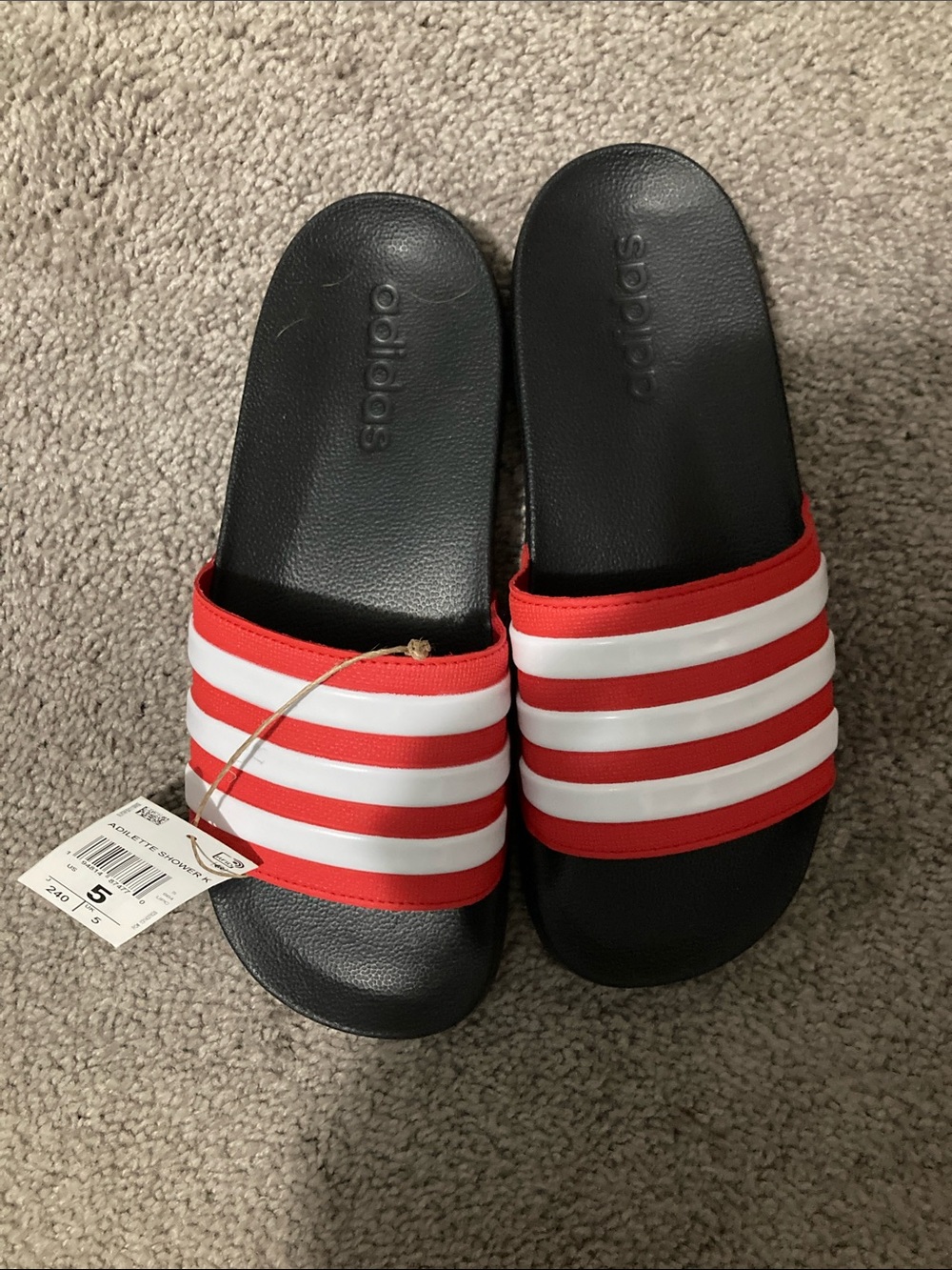 adidas Black Footbed Slide Sandals with Red & White Straps